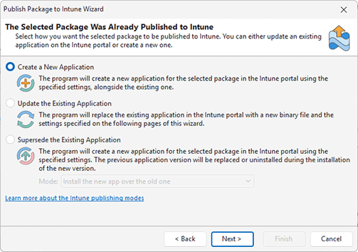 The Intune application update options The Intune application update options