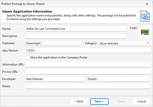Configuring Intune application properties for an IntuneWin package