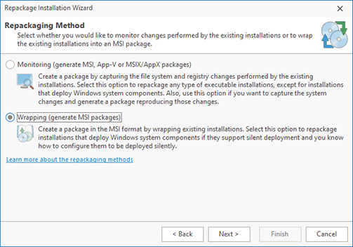 Choosing a repackaging mode