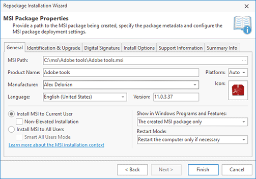 Configuring an MSI package