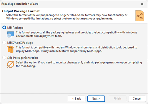 Choosing output package format Choosing output package format