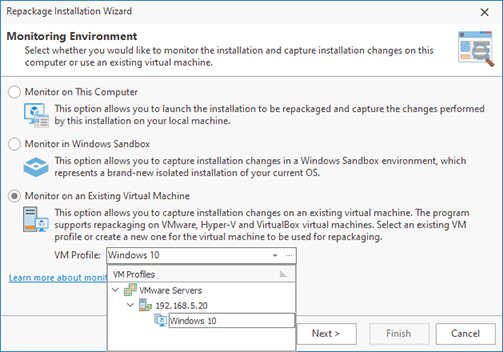 Select a VM as the repackaging environment