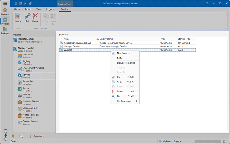 The Services view The Services view