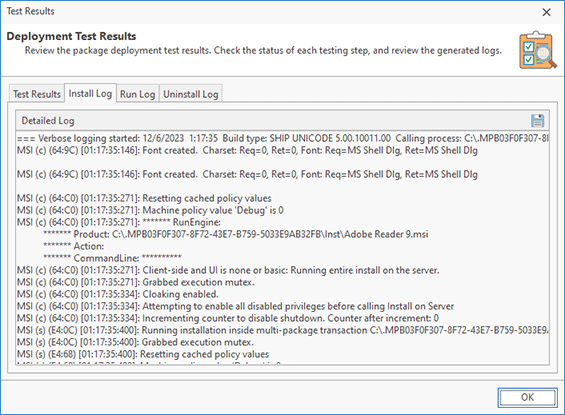 Package installation test results