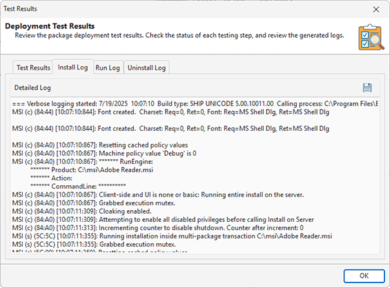 Package installation test results