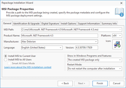 Specify the MSI generation options