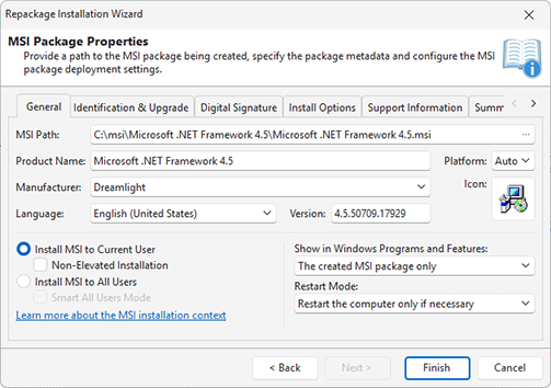 Specify the MSI generation options Specify the MSI generation options