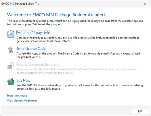 The EMCO MSI Package Builder Evaluation Wizard welcome page