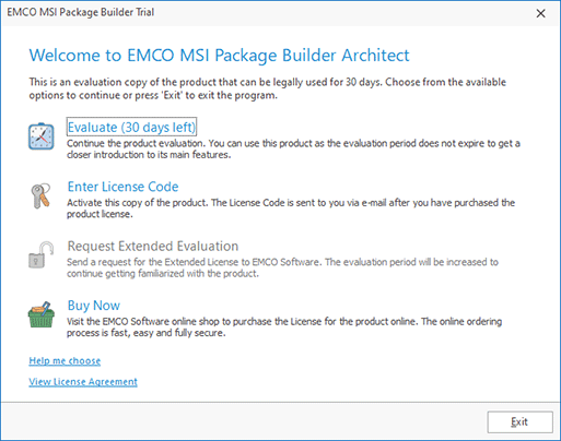 The EMCO MSI Package Builder Evaluation Wizard welcome page