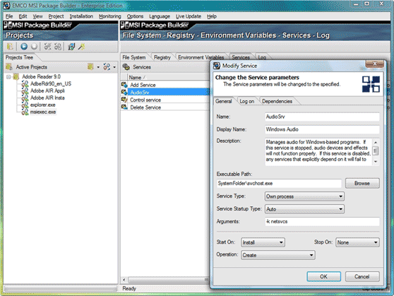 Improved Service configuration dialog