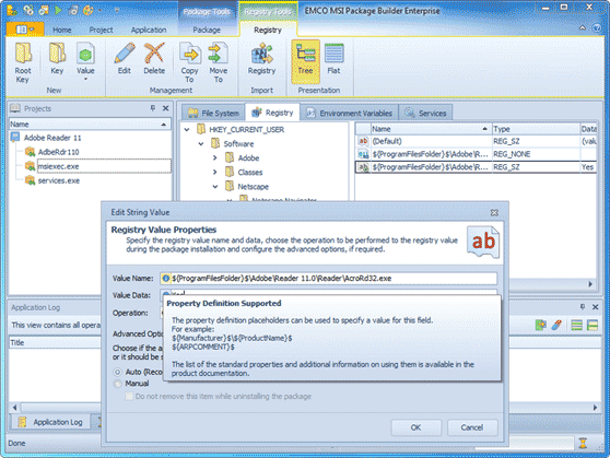 Using MSI properties in project entries