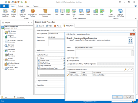 Registry Key Access fixups for MSIX/AppX packages