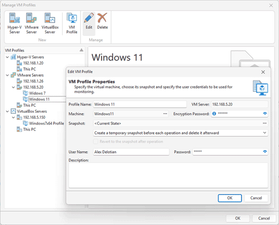 Temporary snapshots for VM profiles