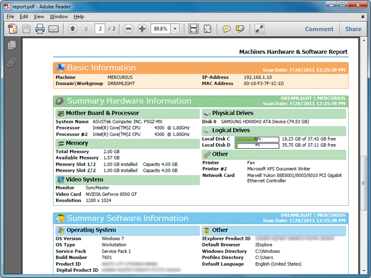 PC Summary report PC Summary report