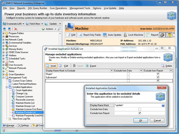 Installed Applications Exclude List dialog Installed Applications Exclude List dialog