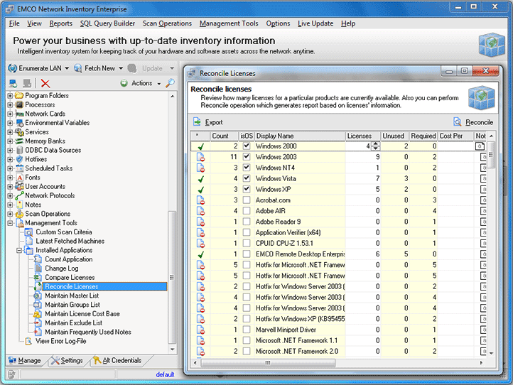 Reconcile Licenses dialog