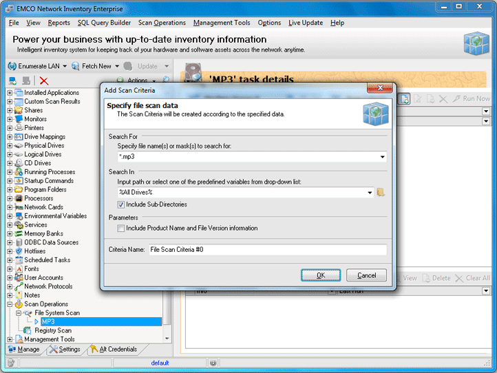 Add Scan Criteria dialog Add Scan Criteria dialog