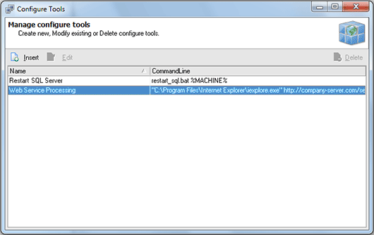 The Configure Tools dialog with a list of defined tools