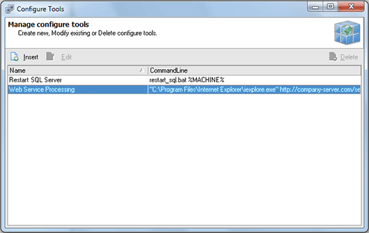 The Configure Tools dialog with a list of defined tools The Configure Tools dialog with a list of defined tools