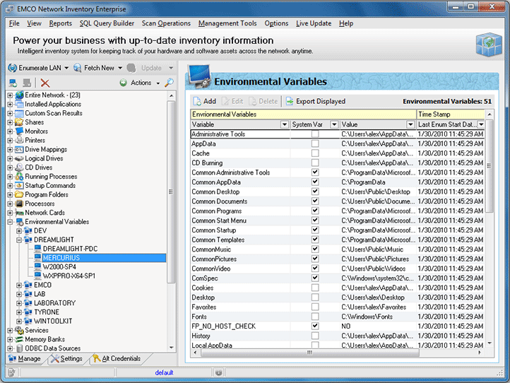 The list of environmental variables for the Machine The list of environmental variables for the Machine