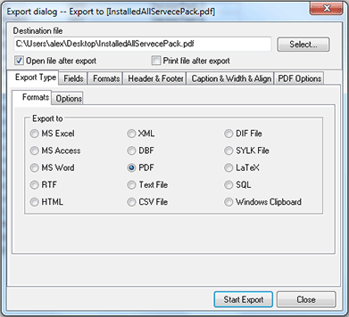 Configuring export options Configuring export options