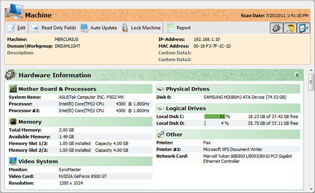 Summary hardware information about the Machine