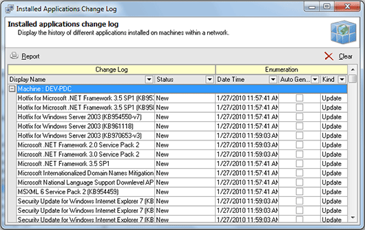 The Installed Applications Change Log dialog