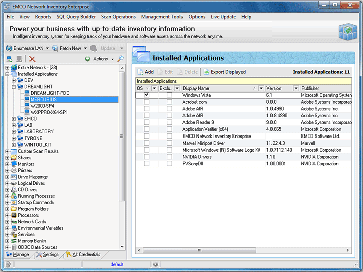 The list of installed applications for the Machine