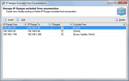 The IP Ranges Excluded from Enumeration dialog The IP Ranges Excluded from Enumeration dialog