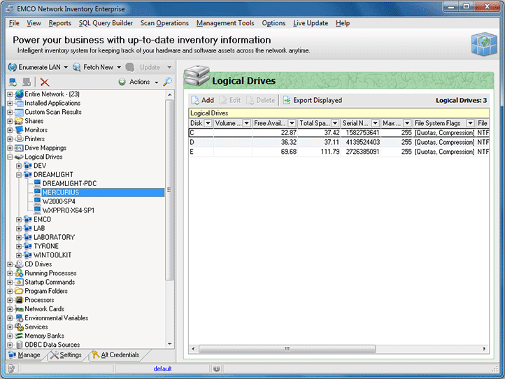 The list of logical drives for the Machine