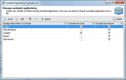 The Installed Applications Exclude List dialog