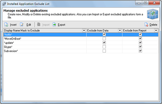 The Installed Applications Exclude List dialog The Installed Applications Exclude List dialog