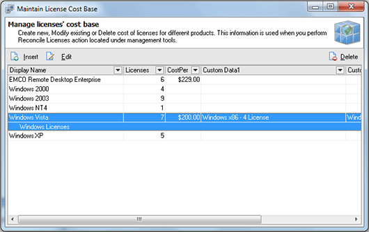 Maintain License Cost Base dialog