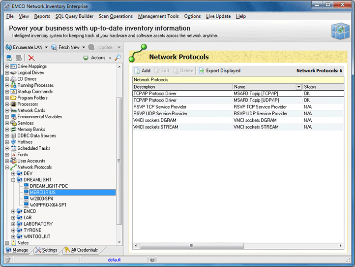 The list of network protocols for the Machine