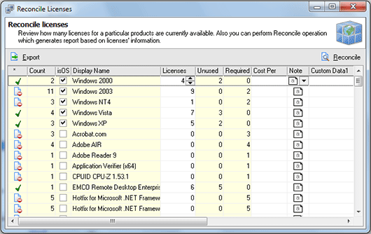 The Reconcile Licenses dialog