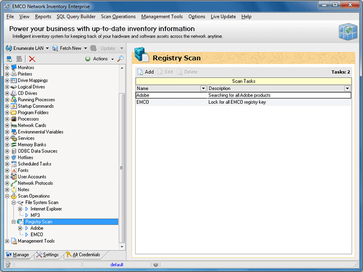Registry scan tasks list