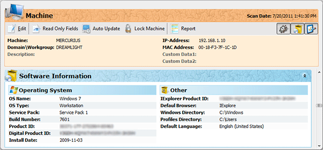 Summary software information about the Machine