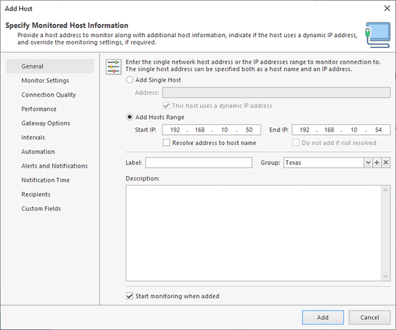 Adding a host or a range of hosts