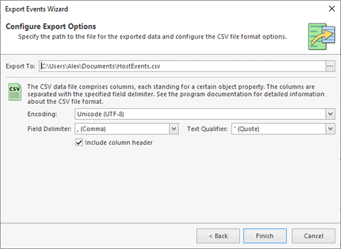 Configuring the export options Configuring the export options