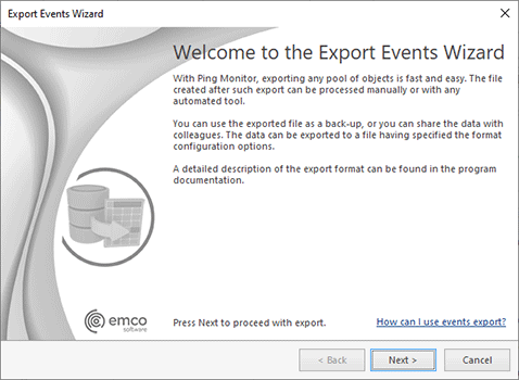 The Export Events Wizard welcome page The Export Events Wizard welcome page