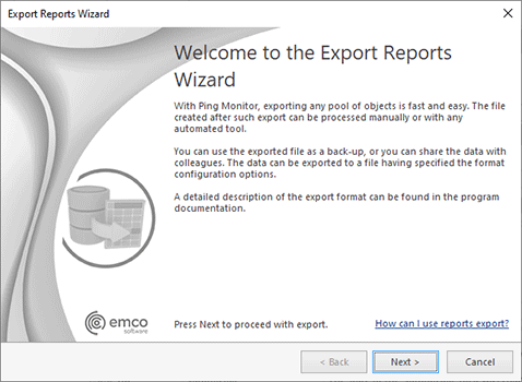 The Export Reports Wizard welcome page
