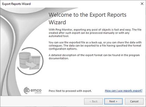 The Export Reports Wizard welcome page The Export Reports Wizard welcome page