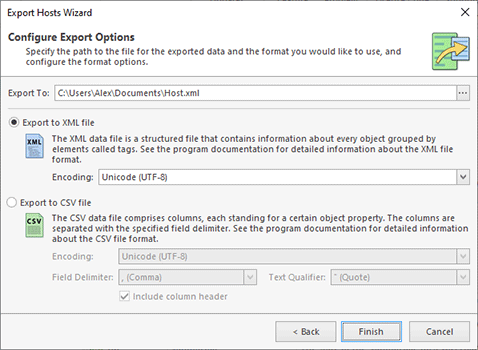 Configuring export options
