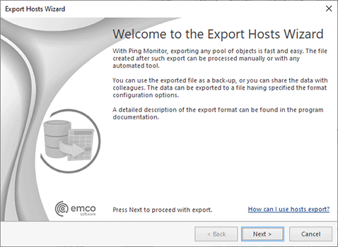 The Export Hosts Wizard welcome page
