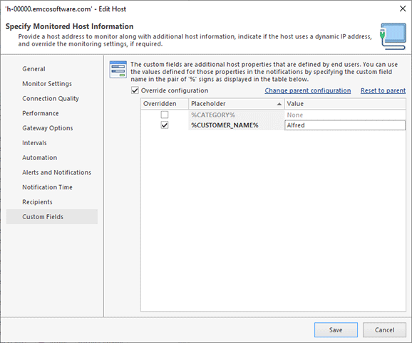 Specifying a value for the custom fields of a specific host