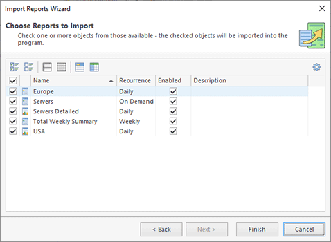 Choosing the reports to import Choosing the reports to import
