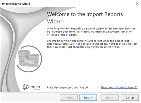 The Import Reports Wizard welcome page The Import Reports Wizard welcome page