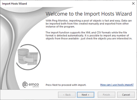 The Import Hosts Wizard welcome page The Import Hosts Wizard welcome page