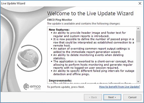 The Live Update Wizard welcome page