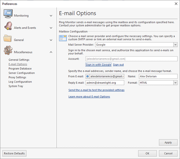 Mail provider selection Mail provider selection